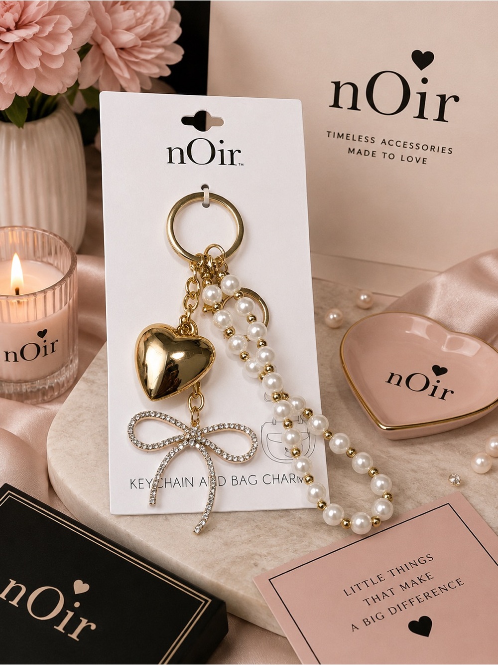 nOir Pearl Beaded Keychain & Bag Charm Gold Heart Rhinestone Bow NIB